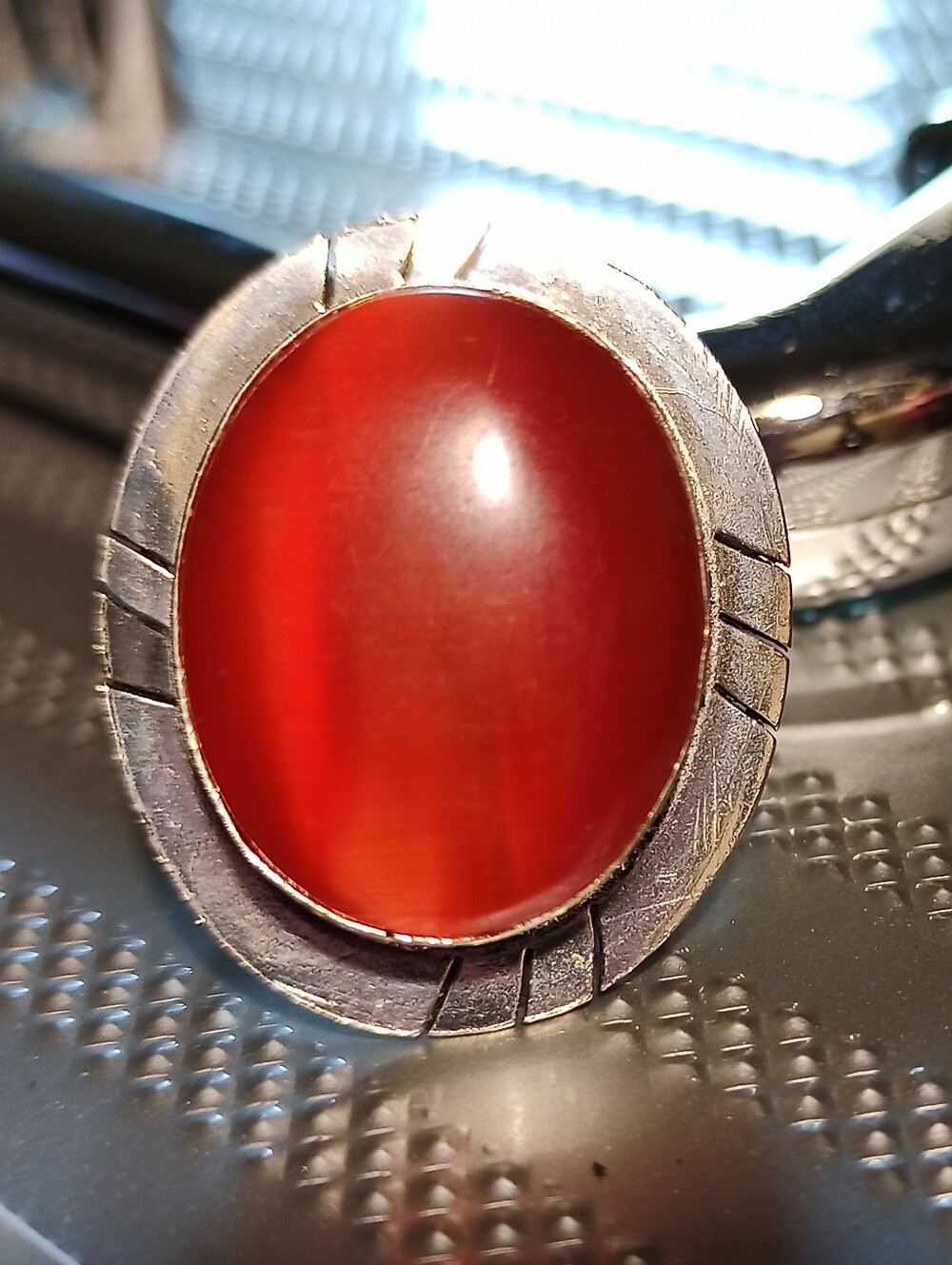 Red Cat Eye Oval Silver Statement Ring Sz 8